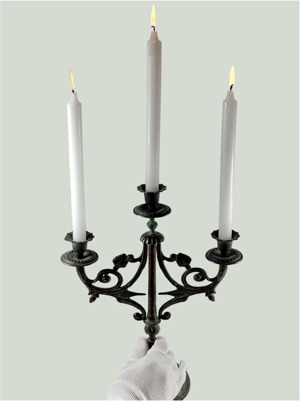 Vintage 3-Arm  Brass Candelabra Verdigris Finish Victorian Style Candle Holder